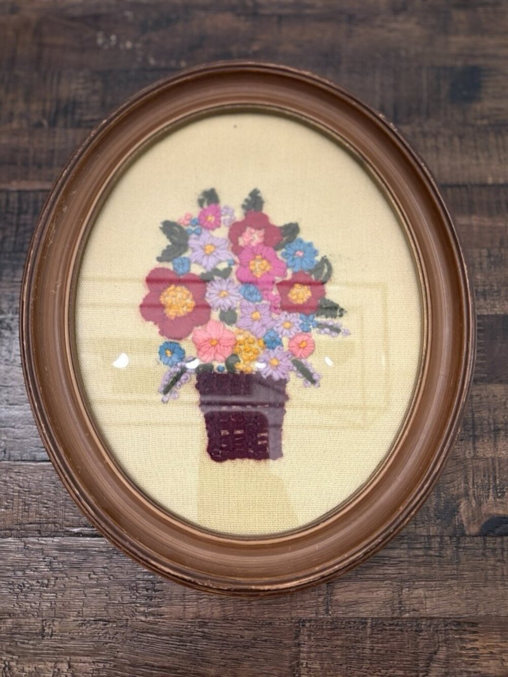Vintage Floral Handmade Crewel Art Embroidered Flowers Oval Frame Cottage Core